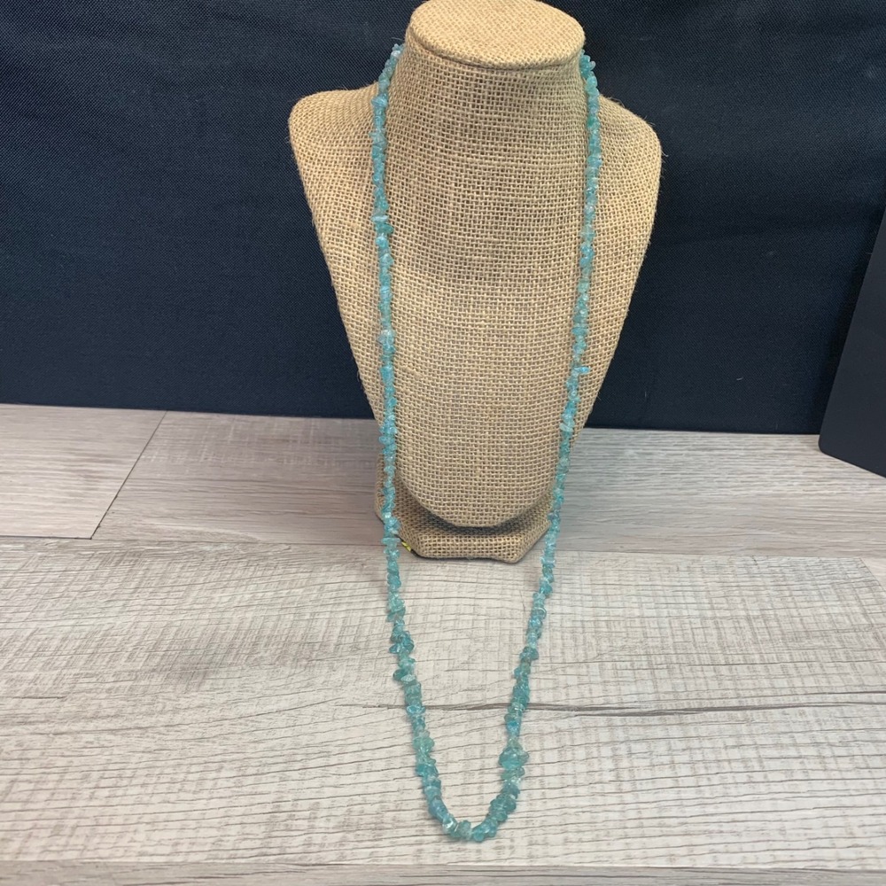 Natural Blue Apatite Chip Bead Necklace 34 Inch Long Gemstone Strand Boho Teal